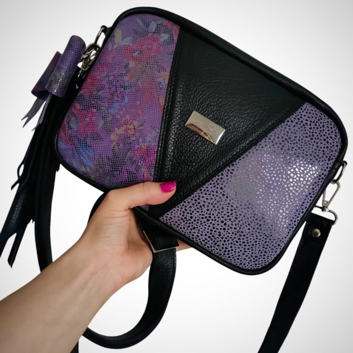 Box Triple skóra naturalna Fioletowe kwiaty