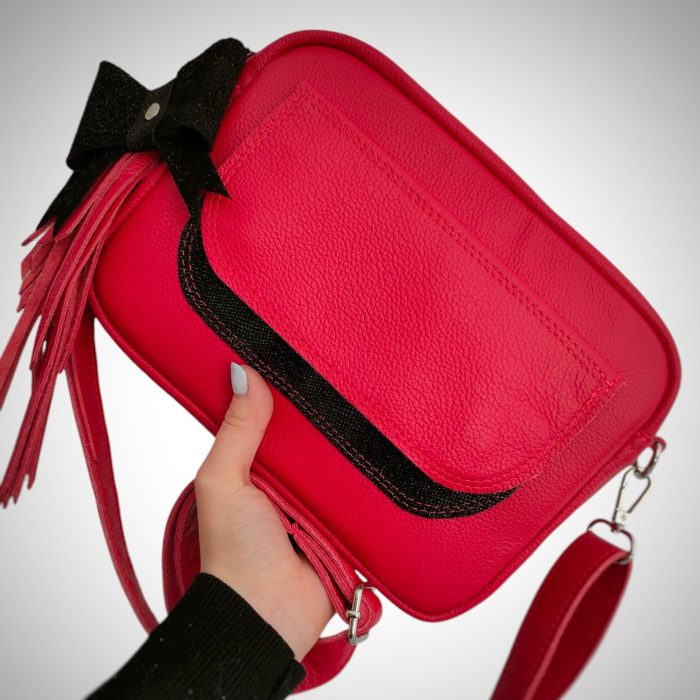 *Box skórzany z klapką intensywna czerwień/czarny brokat