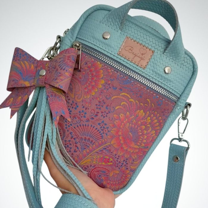 *Saszetka listonoszka skórzana błękitna plecionka/Paisley zgaszony róż