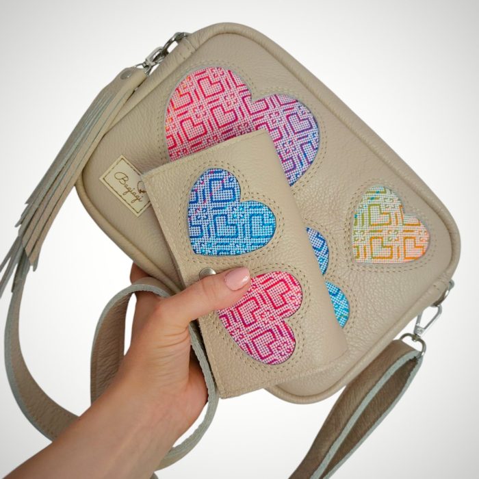 *Komplet skórzany box+portfelik Latte/ Big love tęcza