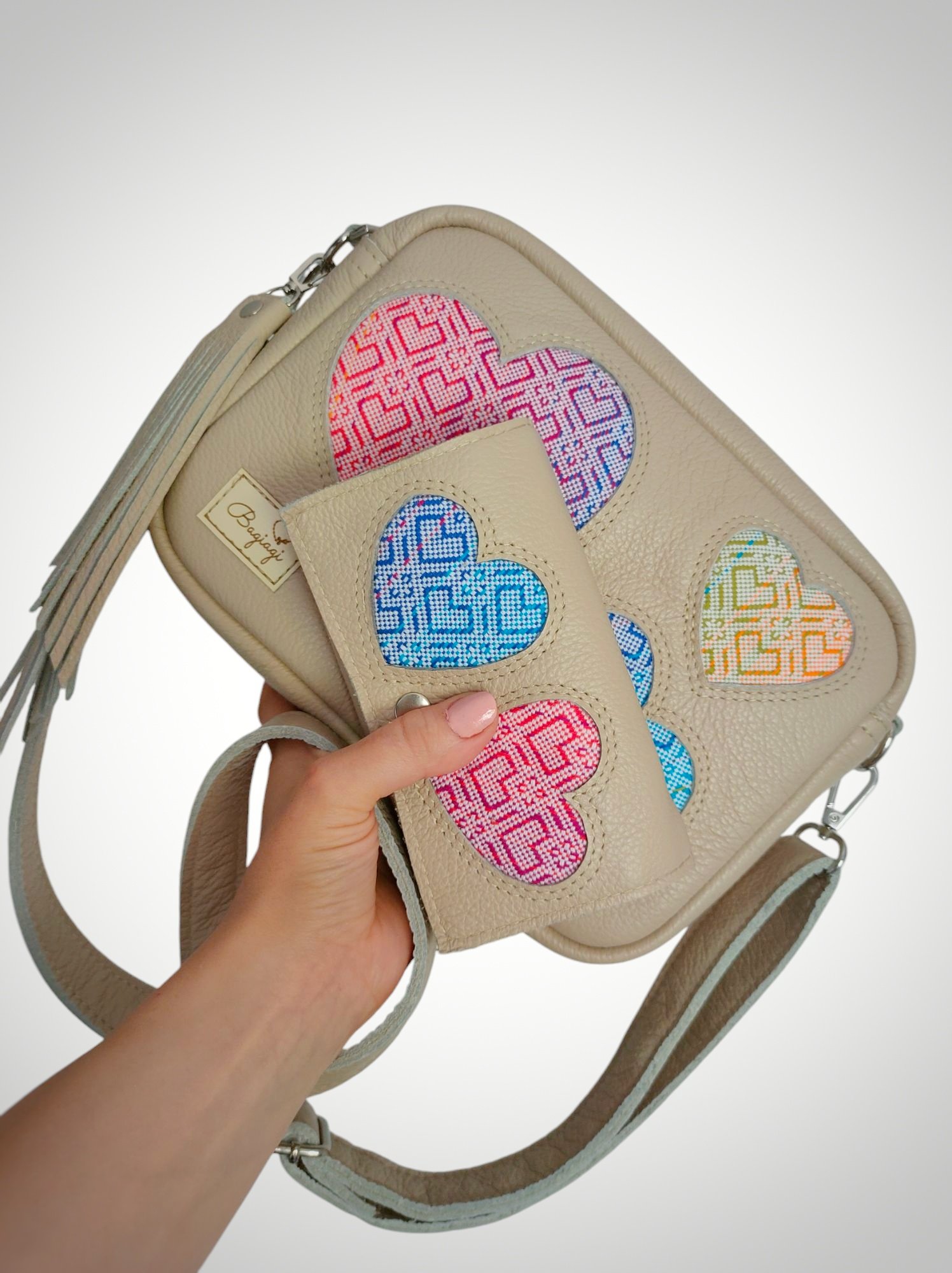 *Komplet skórzany box+portfelik Latte/ Big love tęcza