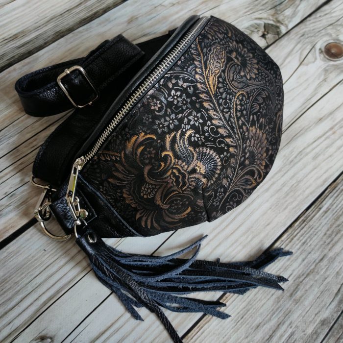 Saszetka nerka M skóra naturalna Złote Paisley