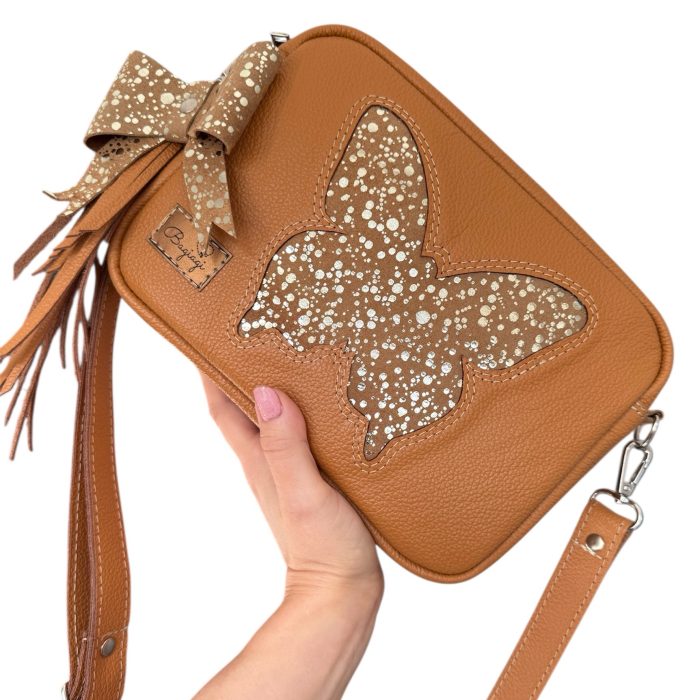 Listonoszka skóra naturalna Karmel/ złote kropki