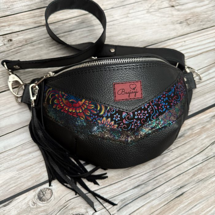 Saszetka nerka skórzana Teczowe paisley/kropeczki benzynka