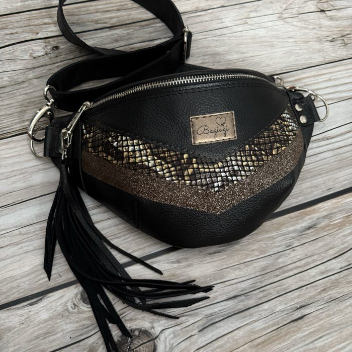 Saszetka nerka Skórzana wąż/brokat