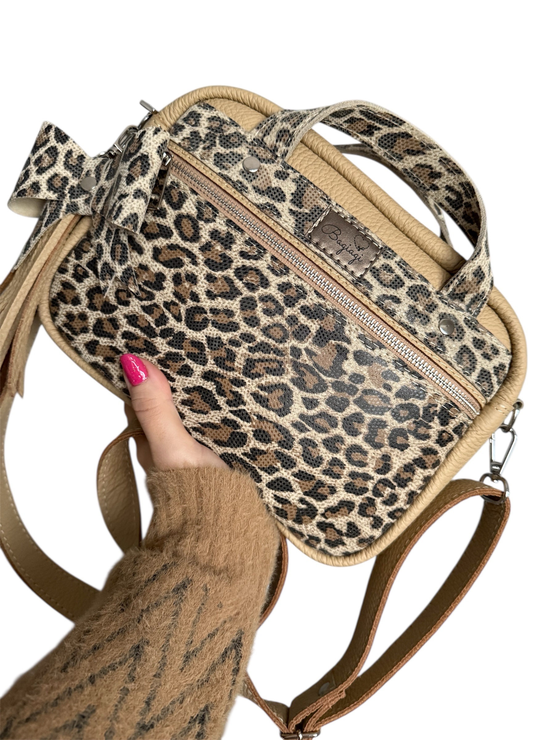 Kuferek skórzany jasny brąz/panterka