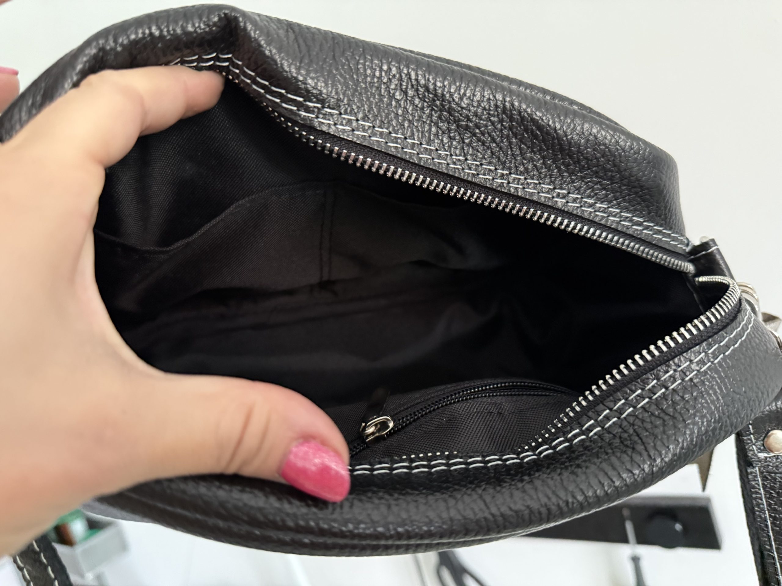 Kuferek skórzany czarna skóra naturalna/ skrawek Slavic wraps brąz - obrazek 2