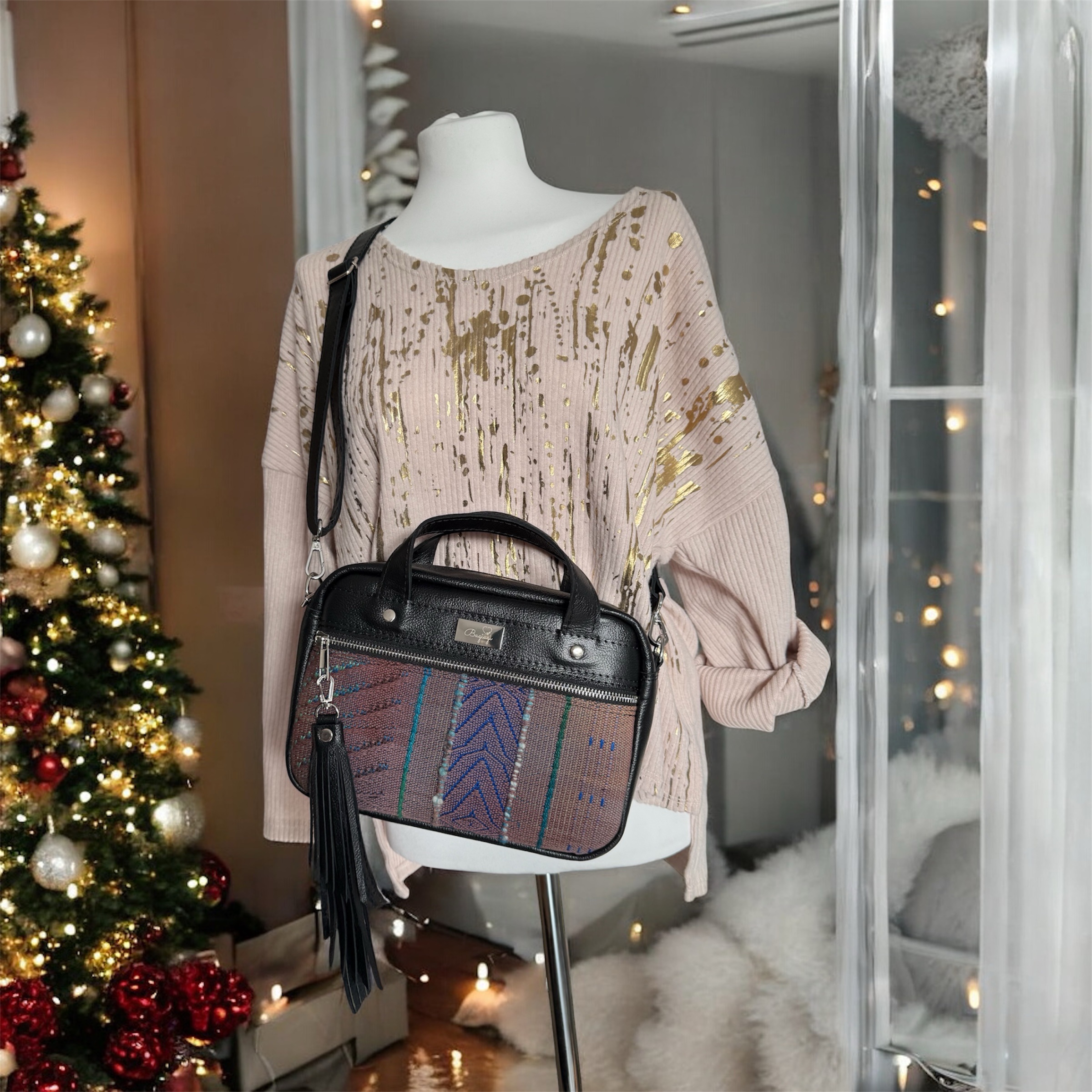 Kuferek skórzany czarna skóra naturalna/ skrawek Slavic wraps brąz