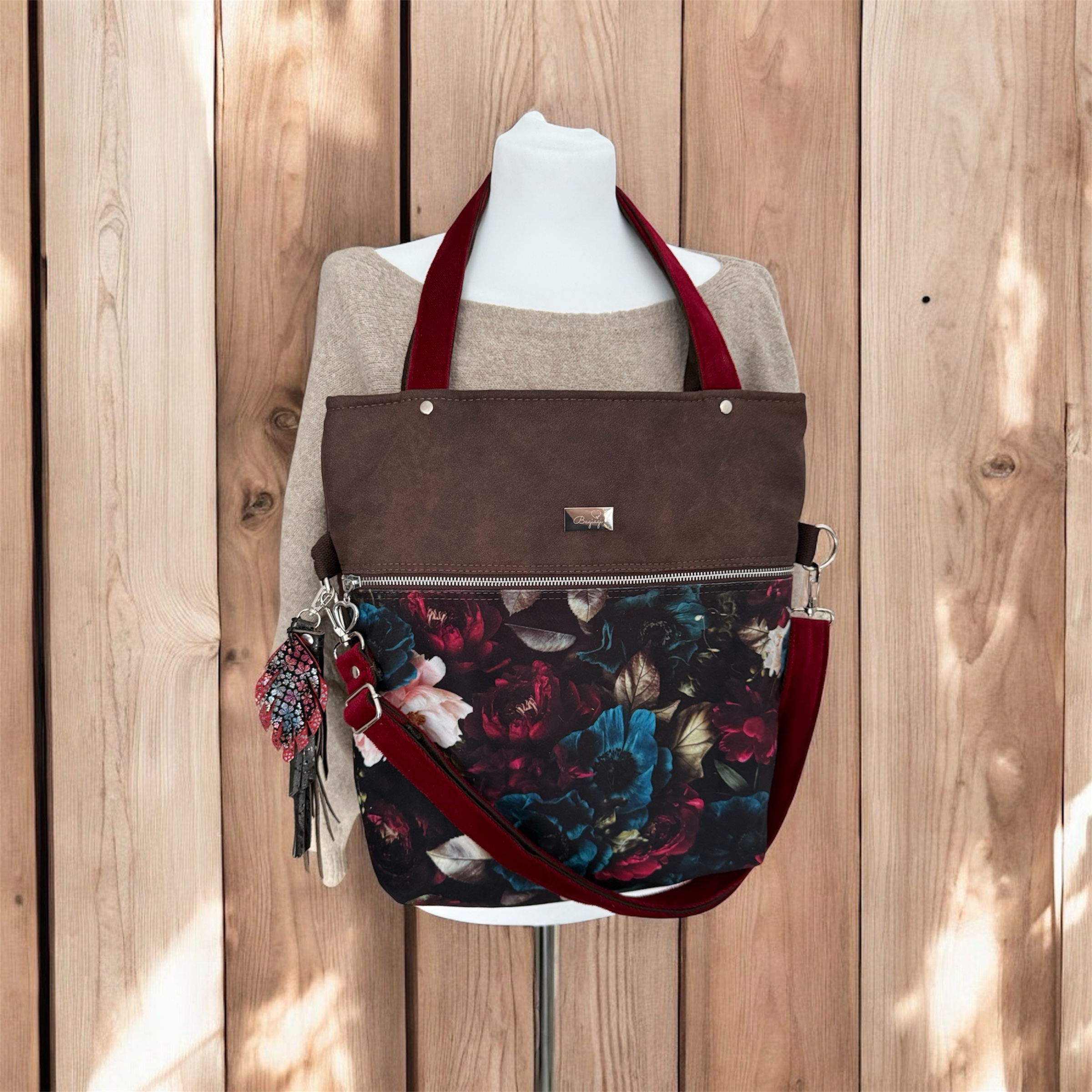 Duża Shopperka Welur drukowany kwiaty/czerwień/brąz