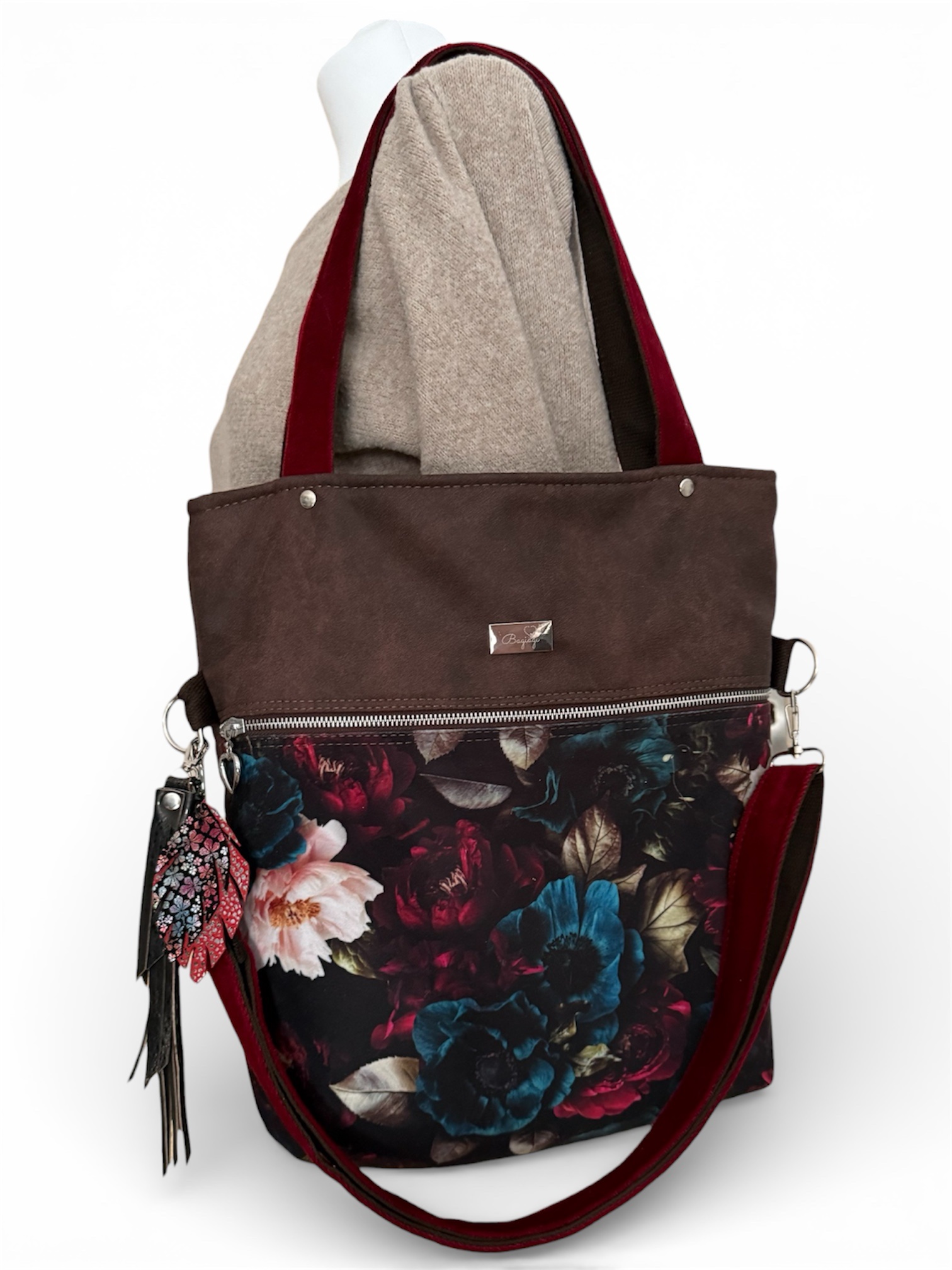 Duża Shopperka Welur drukowany kwiaty/czerwień/brąz - obrazek 3