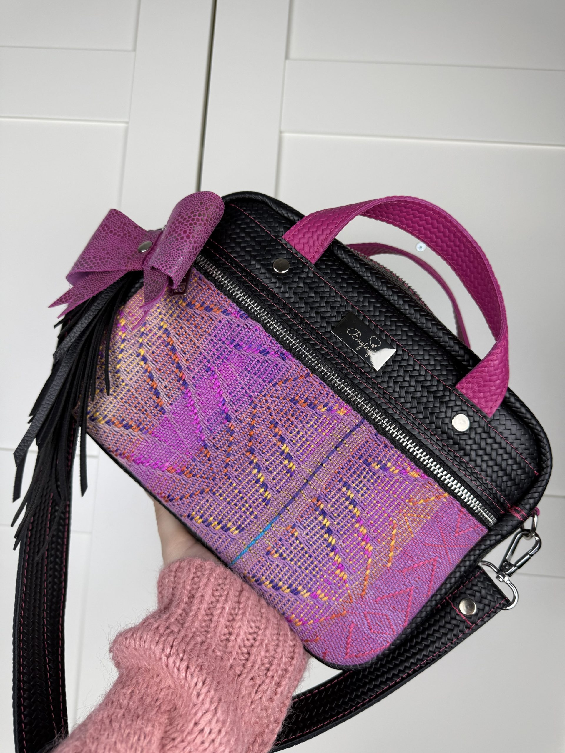 Kuferek skórzany Slavic wraps plecionka fuksja/czerń - obrazek 5