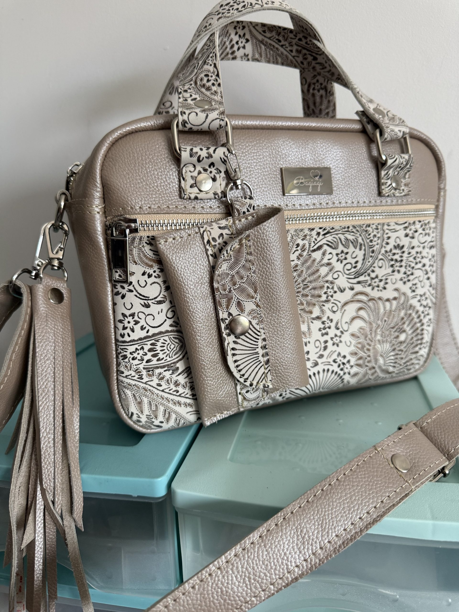 Listonoszka beżowa perła skóra naturalna Złoto białe Paisley + portfelik - obrazek 2