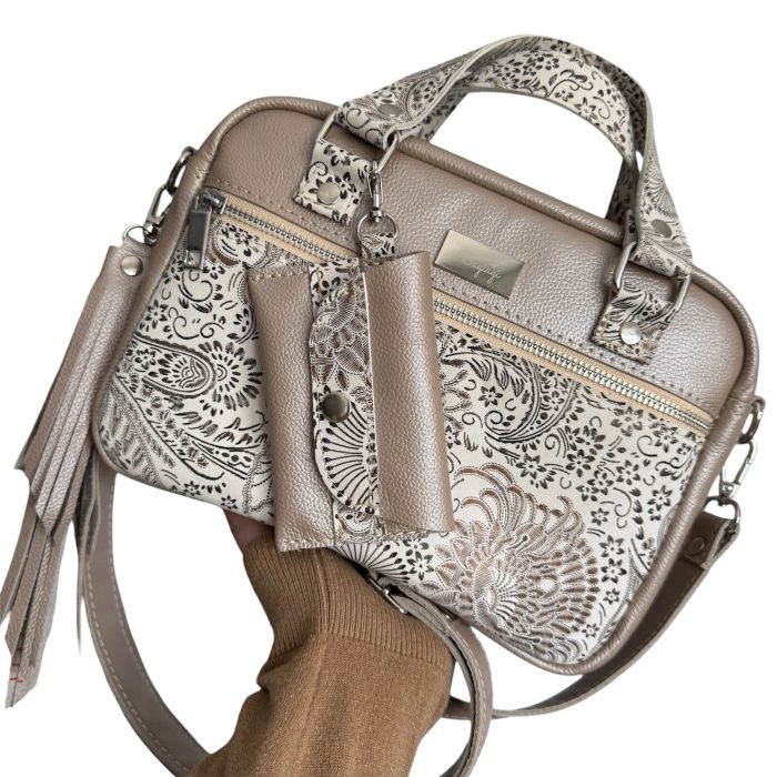 Listonoszka beżowa perła skóra naturalna Złoto białe Paisley + portfelik