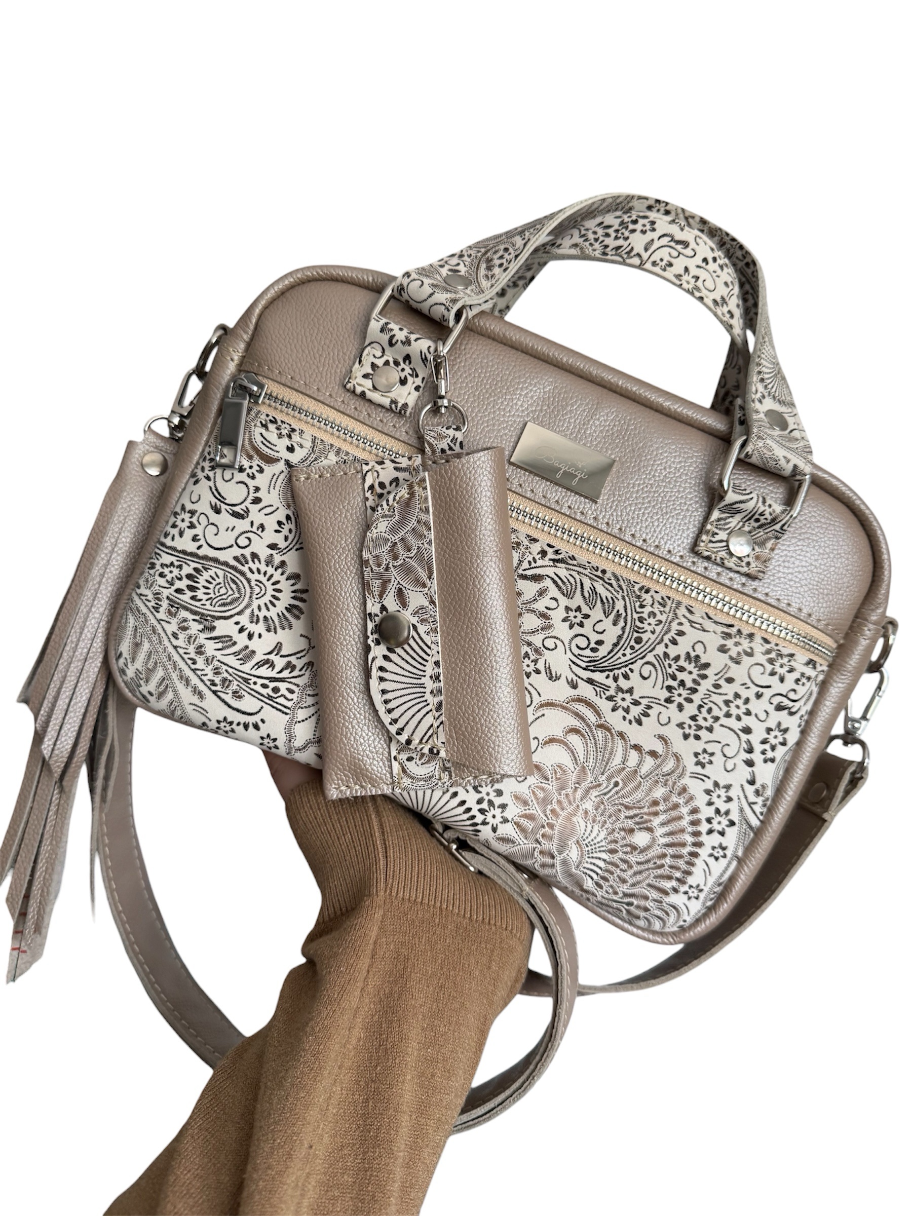 Listonoszka beżowa perła skóra naturalna Złoto białe Paisley + portfelik