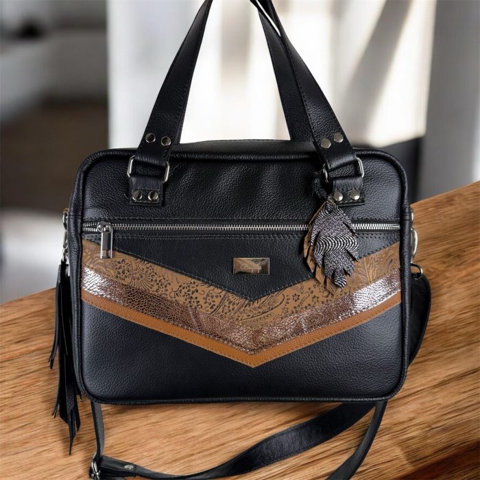 Aktówka skórzana A4 czarna/braz paisley/blysk